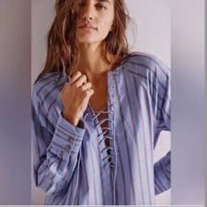 Free People We The Free Lisbon Tunic Small Boho Lace Up Striped Top Mini Dress